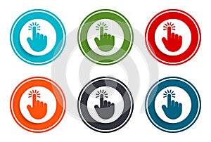 Hand cursor click icon flat vector illustration design round buttons collection 6 concept colorful frame simple circle set