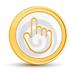 Hand cursor click icon gold round button golden coin shiny frame luxury concept abstract illustration isolated on white background