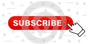 Hand cursor clicking on red subscribe button. Subscribe button on social media signs background. Hand pointer icon. Subscription