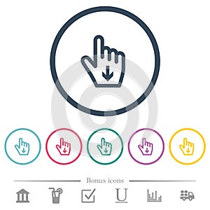 Hand cursor down outline flat color icons in round outlines