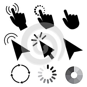Hand cursor icon. Internet technology. Click arrow. Push touch screen. Stock image.