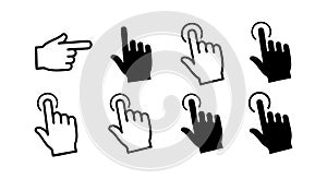 Hand cursor icons and pointer symbols set in black and white vector design for user interface and navigation