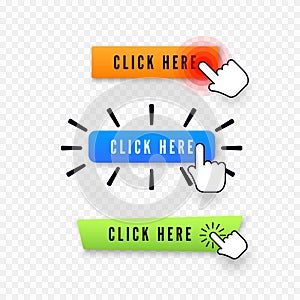 Hand cursor over button with text click here. Web icons element. Set of different buttons. Vector illustration isolated on