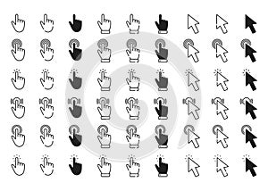 Hand and cursor pointer line icons. Clicking finger. Cursor arrow icon. Computer mouse click. Vector