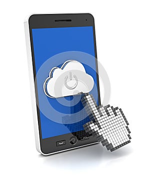 Hand cursor pressing cloud button on a smartphone