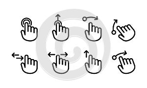 Hand cursor touch screen gestures icon set. Swipe to left right up icon set. Hand finger left, right, up. Vector on isolated white