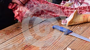 Hand-cut pork, freshly slaughtered pig, pig slaughter festival