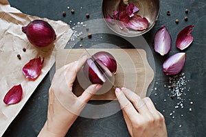 Hand cut red onion