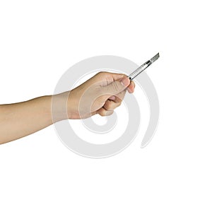A hand with cutter isolated against a white background