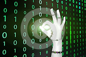 Hand of cyborg on matrix background