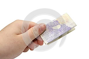 Hand with Czech banknote