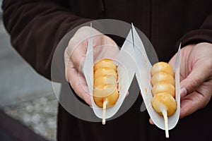Hand on Dango favorite dessert in Japan.Traditional Japanese street food