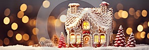 Hand-Decorated Christmas Gingerbread House Adorned Against a White Background with a Dreamy Defocused Array of Golden Lights,