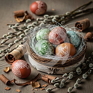 Hand-Decorated Easter Eggs in a Nest