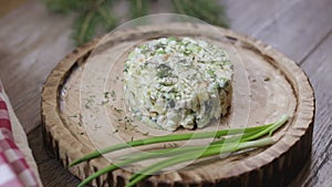 Hand decorated salad with dill close-up