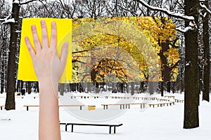 Hand deletes snowy oak trees by yellow cloth