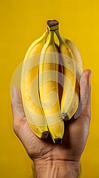 hand delicately holding a bunch of ripe bananas against a clean and minimalist background.