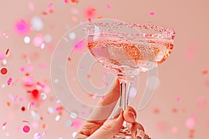 A hand delicately holds a glass of sparkling champagne, its rim dusted with shimmering sugar, against a bokeh of festive lights