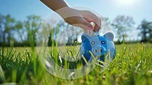 Hand Depositing Coin in Piggybank.AI generated image photo