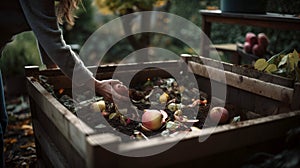 Hand depositing organic waste into a compost bin, recycling nutrients back to earth