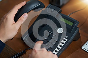 Hand dial, voip telephone and office for communication, contact us and consulting agent. Telemarketing person, phone