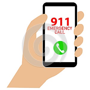 A hand dials 911 number on the phone. 911 calling sign. First aid symbol. flat style