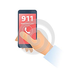 A hand dials 911 number on the phone. Flat illustration.