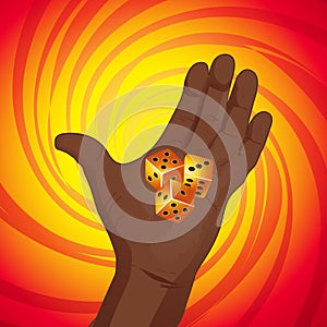 Hand with dices on yellow and red background