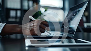 The hand with digital pen. AI generated