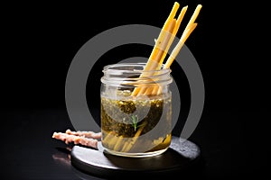 hand-dipped breadstick in tapenade jar, black background
