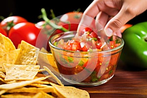 hand dipping a tortilla chip in a glass bowl of salsa