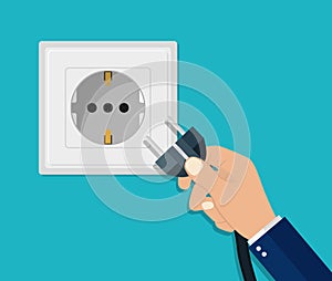 Hand disconnecting electric plug. Man unplug electrical power socket. Energy cable off. Flat safety concept. Connect plug in wall