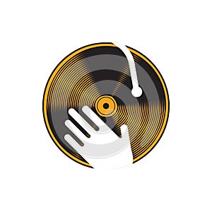 Hand on dj turntable. Vector illustration decorative background design