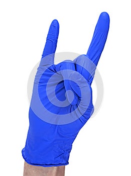 Hand of doctor in blue medical glove isolated on white background