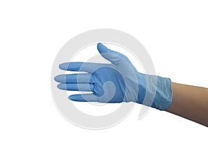 Hand of the doctor in the glove is isolated hospital clinical blue