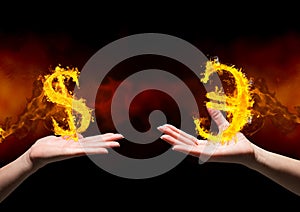 hand with dolar fire icon over and hand with euro fire icon over. Black and red (fire) background