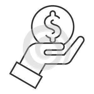 Hand with dollar thin line icon. Palm holding coin symbol, outline style pictogram on white background. Money sign for