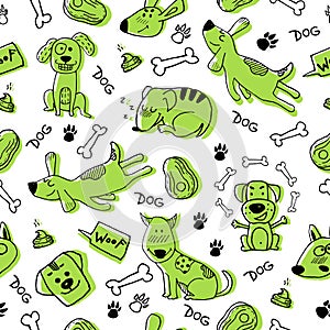 Hand doodle with funny green dogs, paw prints and bones. Vector seamless pattern wallpaper, background. Cute surface design for