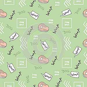 Hand doodle seamless pattern with steak, dogs woof and abstract elements. Vector textile, wrapping, print fabric, background. Cute