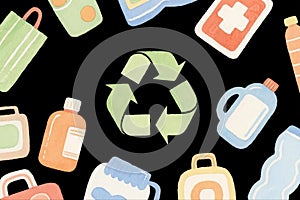 Watercolor illustration of recycling symbols with hand-drawn everyday objects