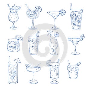 Hand draw alcoholic cocktails Pina colada, aperol shpritz, margarita, mojito, blue lagoon, long island, bloody mary
