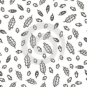 Hand Draw Autumn Oak Leaves Acorns and pine Cones Pattern. Vector Endless Background of Orange and Brown leaf fall