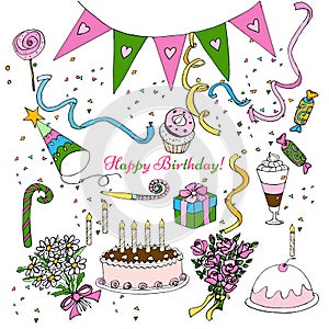 Hand Draw birthday party clipart, isolated doodle set design decoration