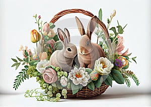 Hand draw Bunny In Basket With Decorated Eggs - AI Generated