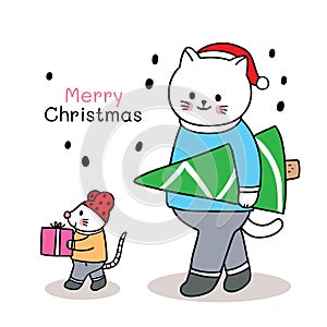 Hand draw cartoon cute Merry Christmas, Cat and mouse and gift box and tree christmas vector.