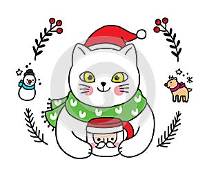 Hand draw cartoon cute Merry Christmas, Cat and santa claus cup coffee vector.