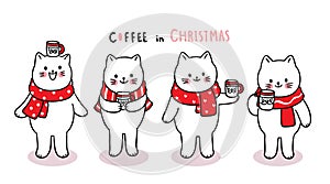 Hand draw cartoon cute Merry Christmas, Cats drink coffee vector.