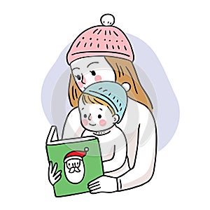 Hand draw cartoon cute Merry Christmas, Mother reading book for baby vector.