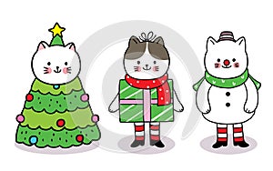 Hand draw cartoon cute Merry Christmas, Macot cats tree christmas and gift box and snowman vector. photo