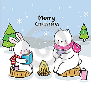 Hand draw cartoon cute Merry Christmas, Rabbit reading book and Polar bear drink coffee in forest vector.